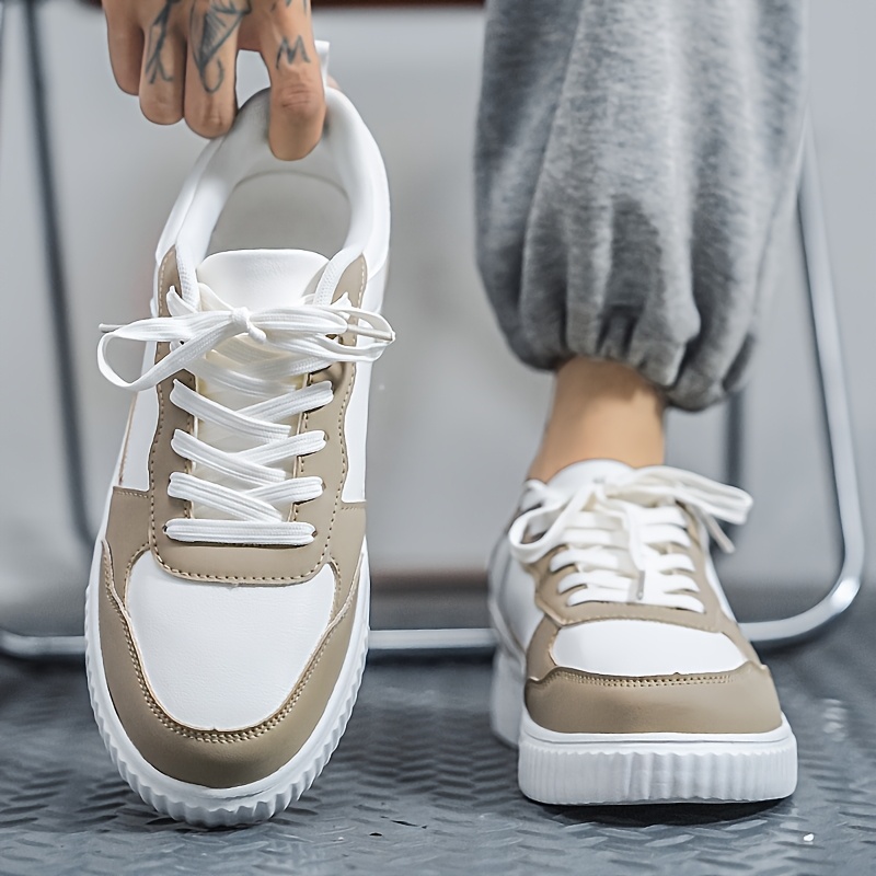 Zapatillas Casuales Clásicas de Hombre con Caña Baja en Blanco y Beige - Zapatos con Cordones Elegantes que Presentan una Superficie Texturizada, Forro de Tela Cómodo y Suela MD Adecuada para Usar Todo el Día, Perfectas para Atuendos Casuales