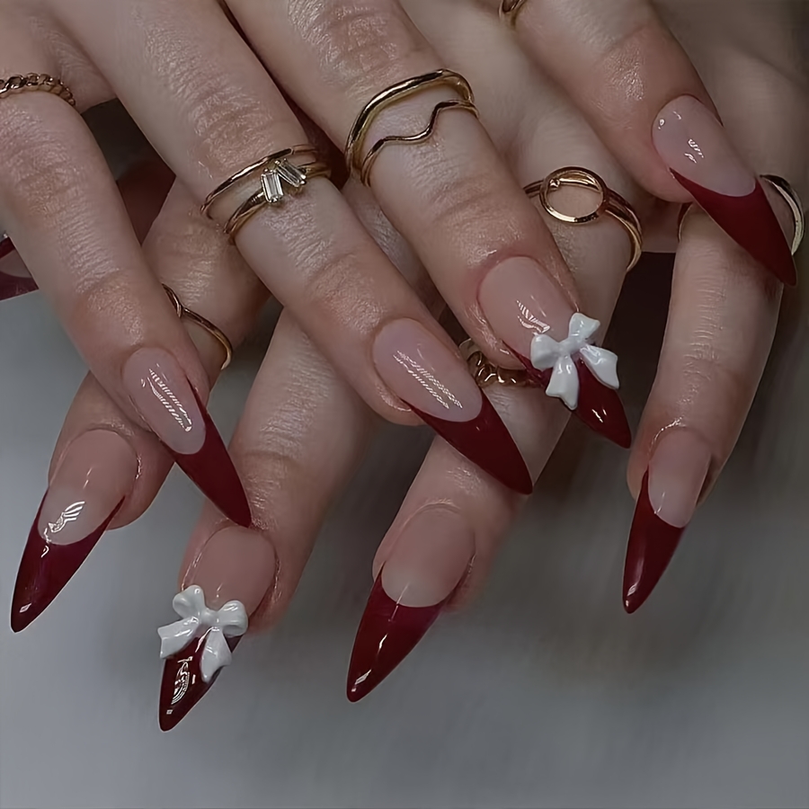 Image of 24pcs Water Drop Shaped Pointed Long And Narrow Glossy Fake Nails Red French Nails Sweet Spicy Temperament Removable Reusable Nail Art Wearable Nail Studs Suitable For Women And
