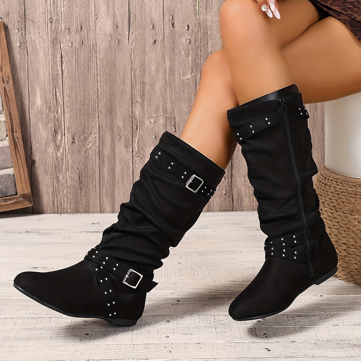 Women's Boots, Classic Strap Studded Pleated Design With Side Zipper, Black Fashionable Elegant Boots, A For Mom, Women Shoes