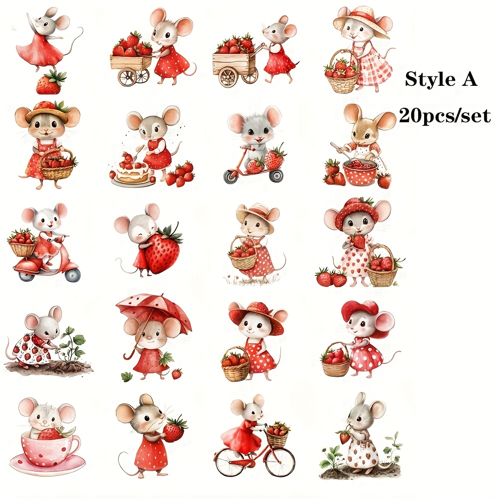 Image of Set Of 20 Vintage Cute Strawberry Mouse Handmade Stickers, For Decorating Notebooks, Albums, Diaries, And Magazines