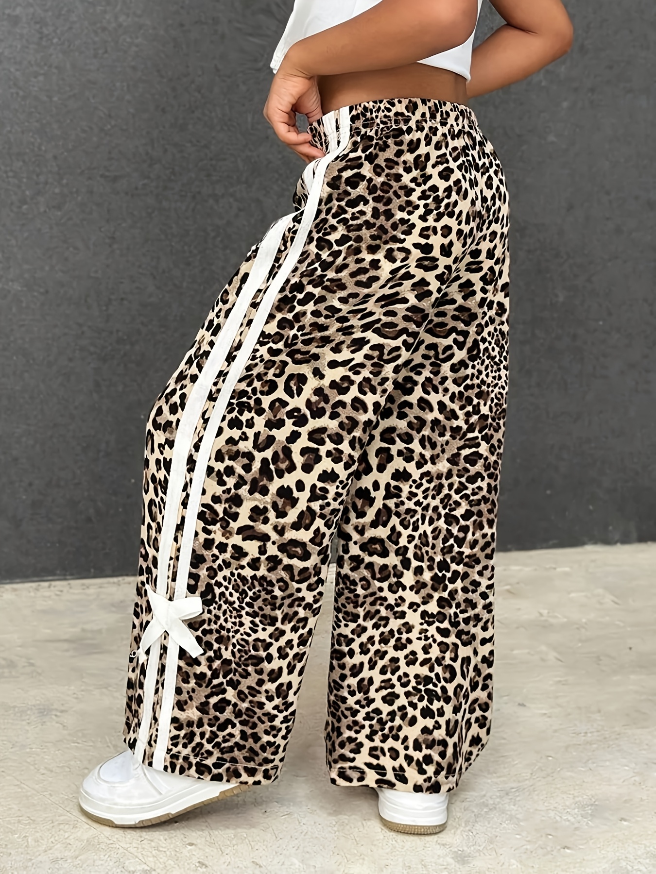 Girls' Casual Versatile Commuter Daily Vintage Sport Leopard Print White Contrast Ribbon Bow Loose Straight-Leg Pants for Medium to Large Kids, Perfect for Outdoor