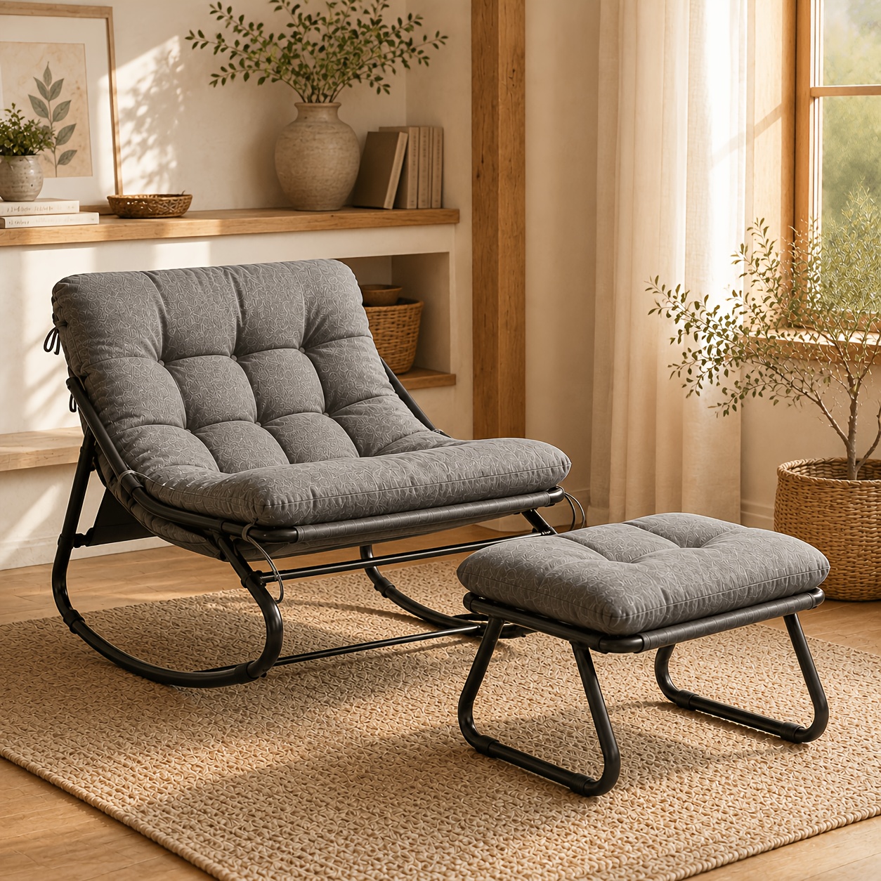 TEMU Oversized Rocking Chair With Ottoman, Outdoor Heavy-duty Metal Patio Lounge Rocker With Extra-thick Tufted Cushion, Indoor Wide Comfortable