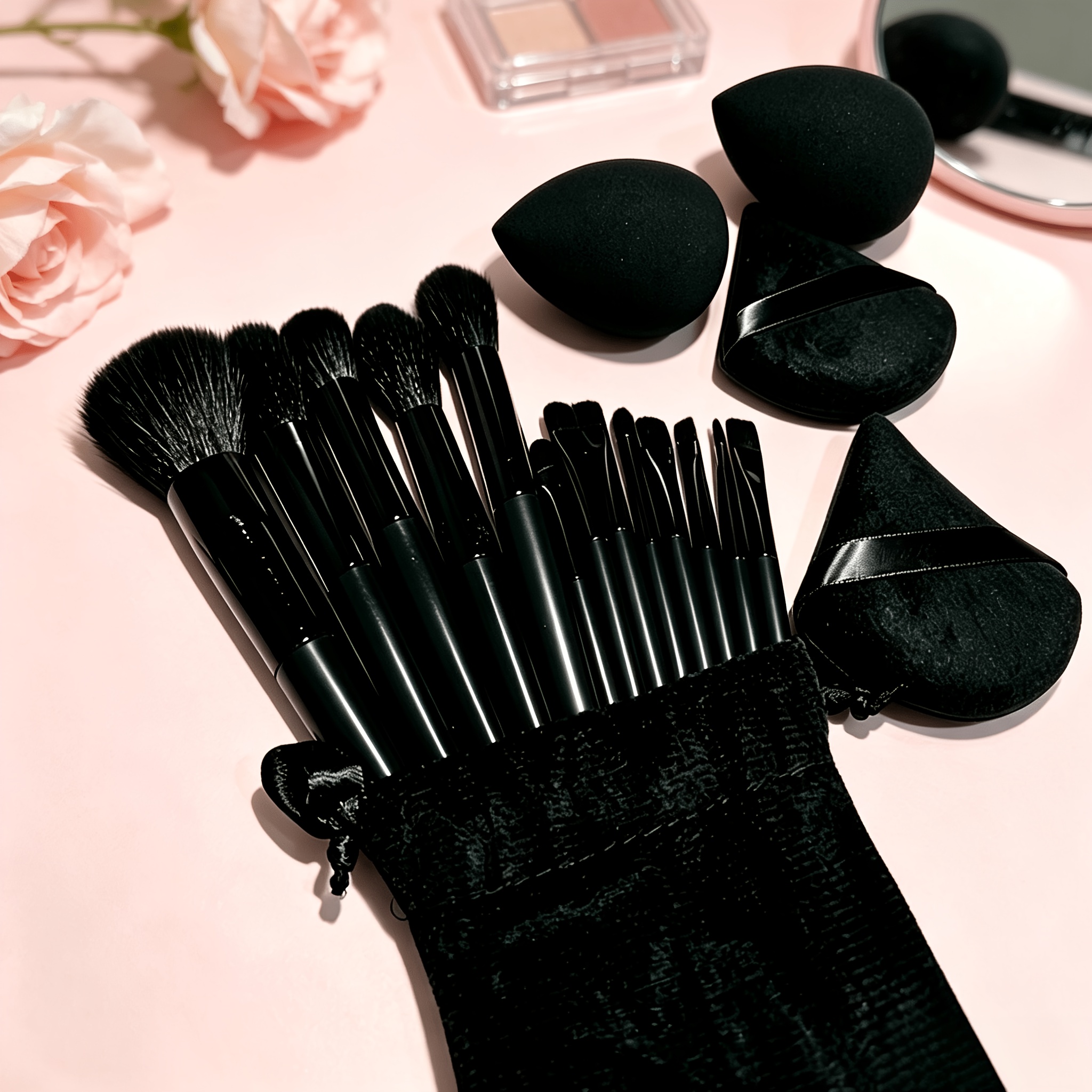 TEMU 18pcs Set Of High-quality Professional Makeup Brushes, Including 13pcs Makeup Brushes And 2pcs Puff And 2pcs Beauty Eggs And 1pc Storage Bag,
