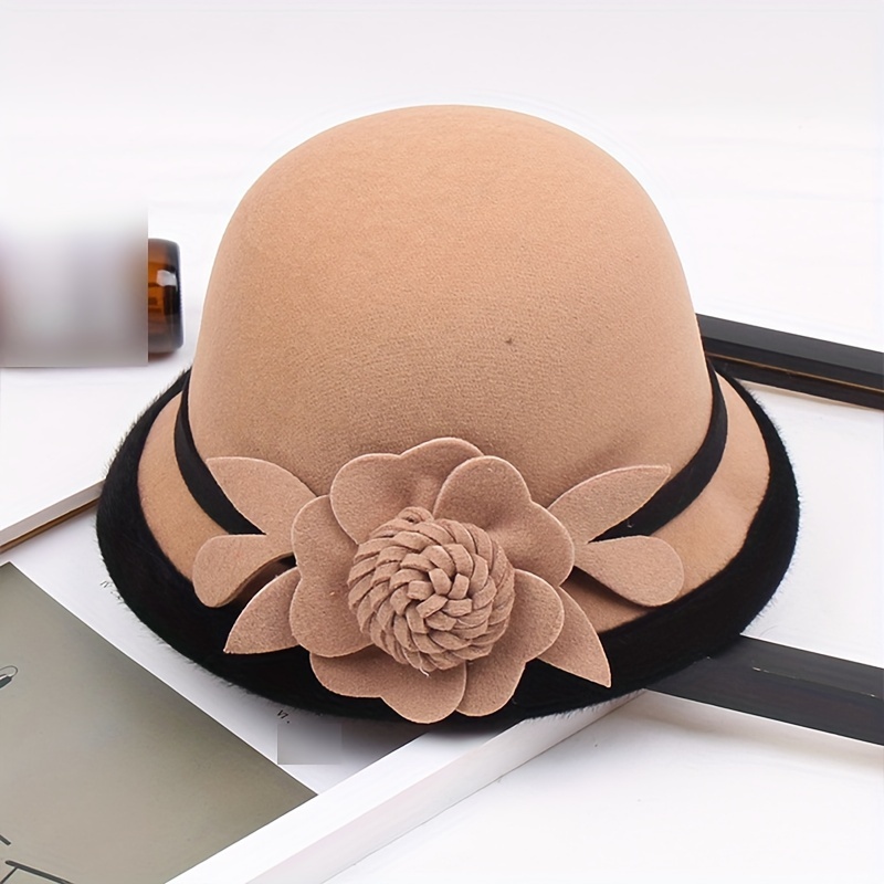 TEMU 1pc Women Bucket Hat 3d Rose Flower Detachable Cloche Hat Autumn Winter Vintage Round Top Fedora Cap For Travel Party