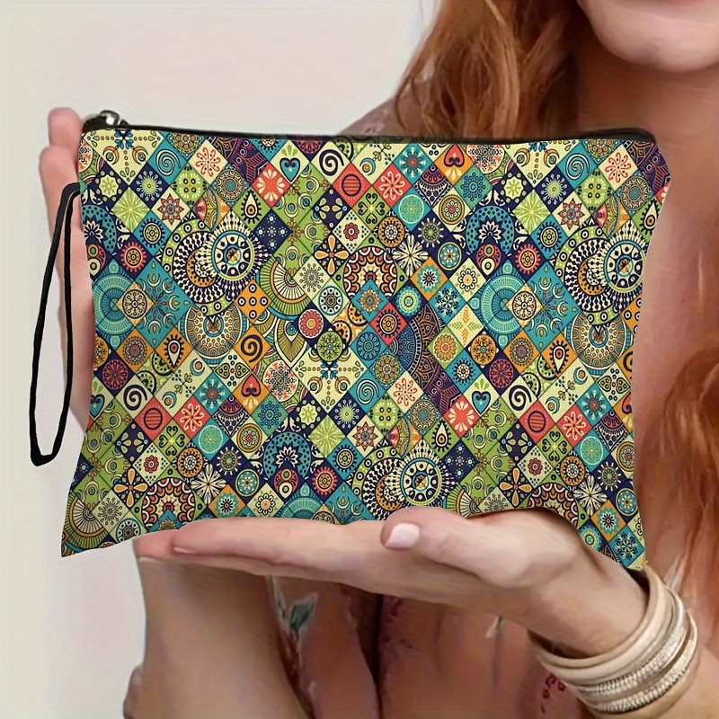 

Bohemian Chic Polyester Cosmetic Bag For Women With Positioning Print - Unisex Travel Zipper Make-up Pouch, Durable Material, Ideal Gift - 1pc, Mixed Patterns