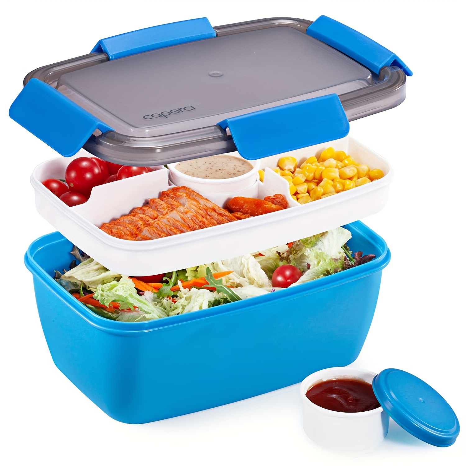 

Bento Lunch Box With 5-compartment Tray And 2 Sauce Cups, Large 68 Oz Salad Bowl Container, Stackable, Microwave & Dishwasher Safe, Bpa-free Plastic, Leak-proof, Manual, No Electricity Needed