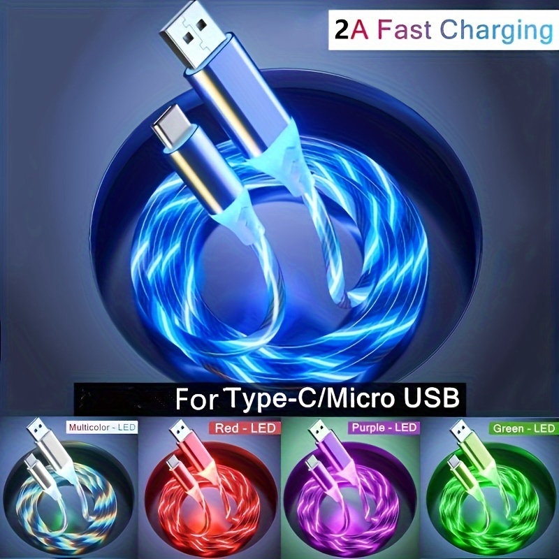 

1pc 5 Colors Led Light Streaming Data Line Usb Charger Cable For Type-c And Android