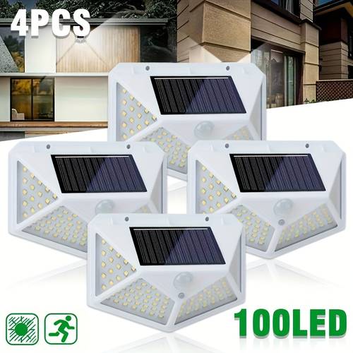 4pcs solar wall lights outdoor 100led motion sensor security lights with auto on off solar powered white wall lights with dimmable brightness for garden patio porch deck courtyard street solar fence lights garden modern lighting energyefficient leds patio lights stylish outdoor lights durable solar lights lights garden enthusiasts