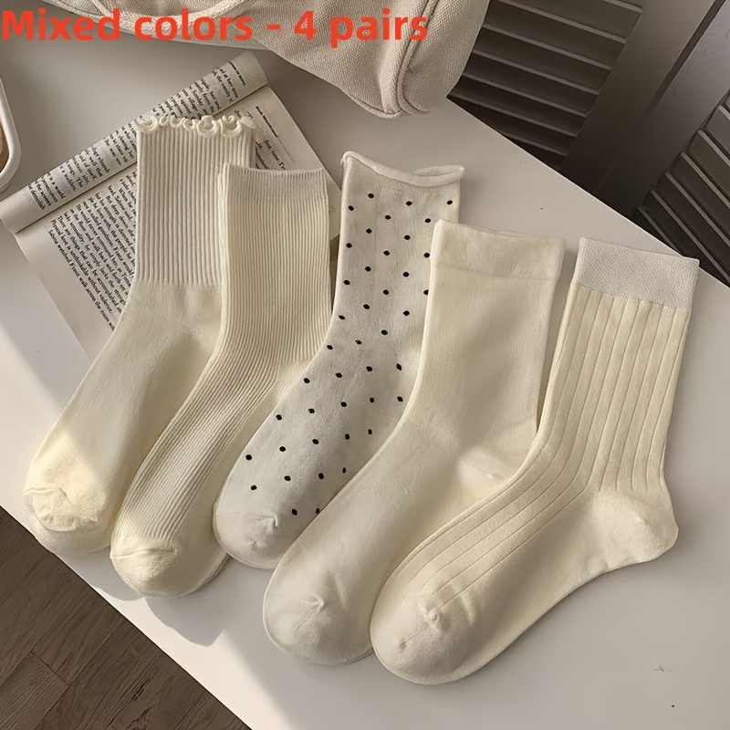 TEMU 4 Paar Herbst/Winter Neue Japanische Wadenlange Damen Socken in Unifarben, Vielseitig, Mehrere Designs zur Auswahl, Süße Socken für Damen