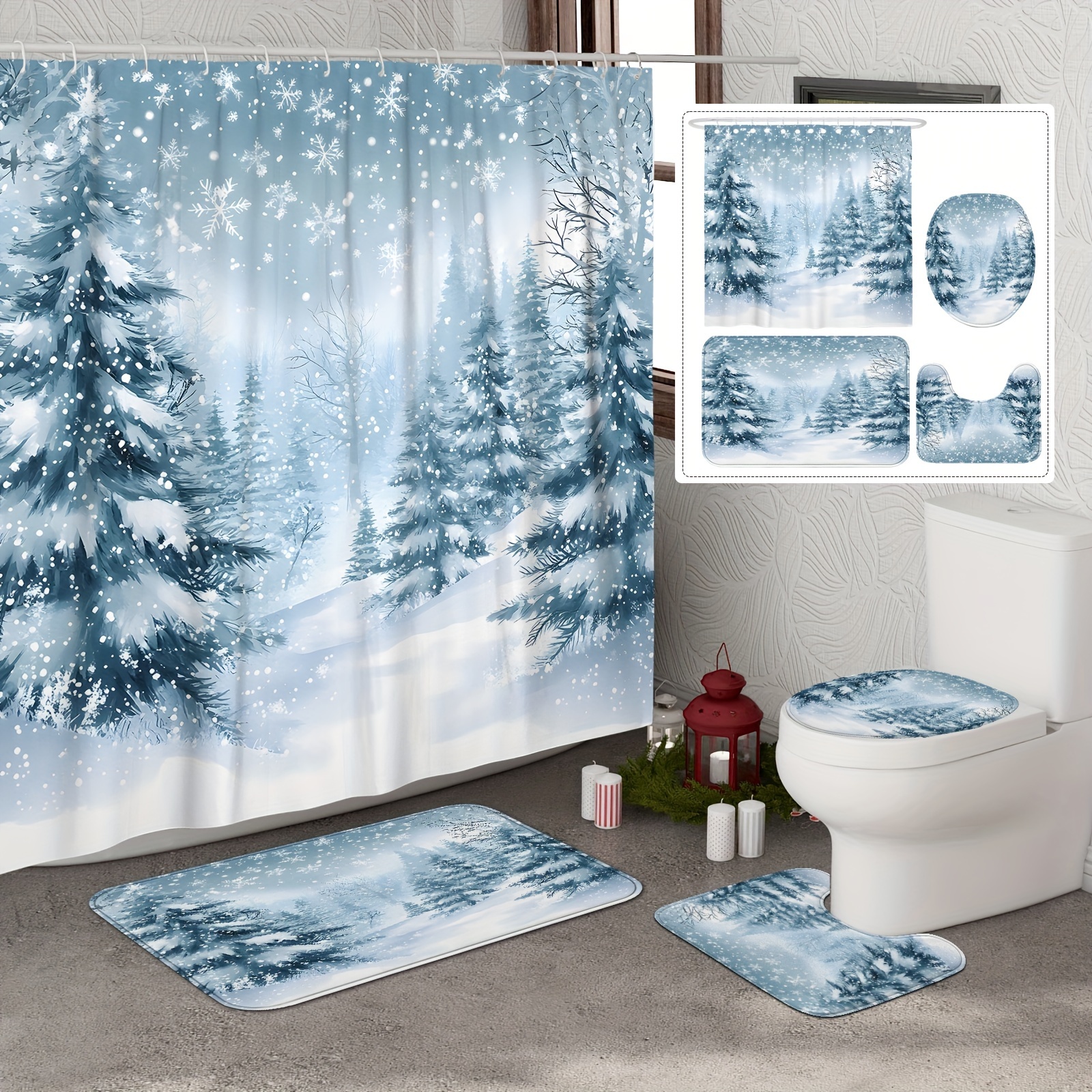 

Festive Christmas Snowflake Tree Winter Scene Holiday Blue & White Shower Curtain Set With Non-slip Bath Mat, U-shaped Toilet Lid Cover, And 12 Hooks - Perfect For Christmas Bathroom Decor