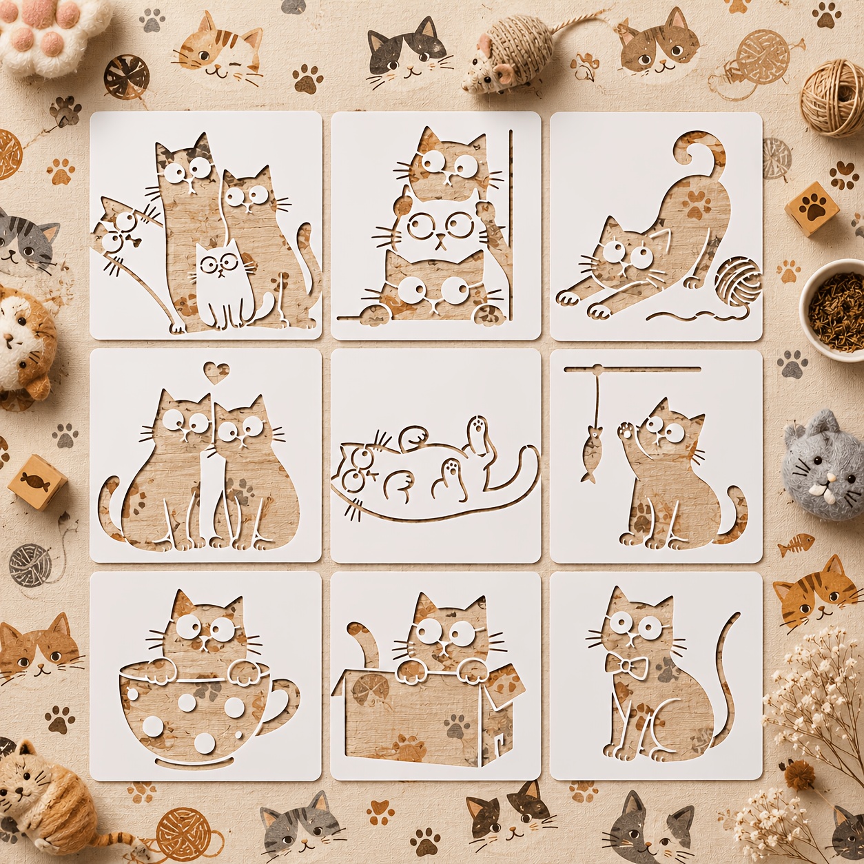 TEMU 9pcs Reusable Kitten Painting Templates For Craft, Off-white Pet Coated Templates For Coaster Making, Washable Beginner Art Tools, 3.9 X 3.9