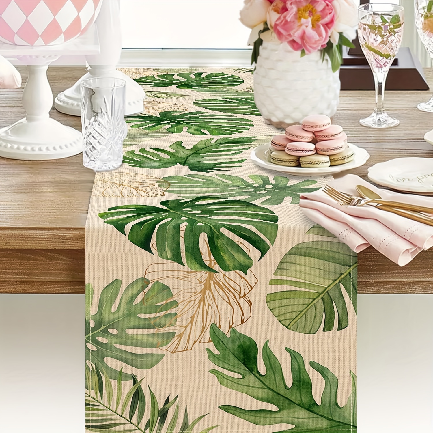 Image of 1pc Summer Palm Leaves Tropical Greenery Table Runner, Monstera Home Kitchen Dining Plant Decor, Spring Seasonal Decorations Indoor Outdoor Hawaii Luau Anniversary Party Supply