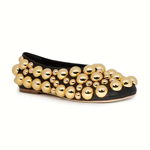 black ballet flat shoes with golden and silvery pearls suitable for and