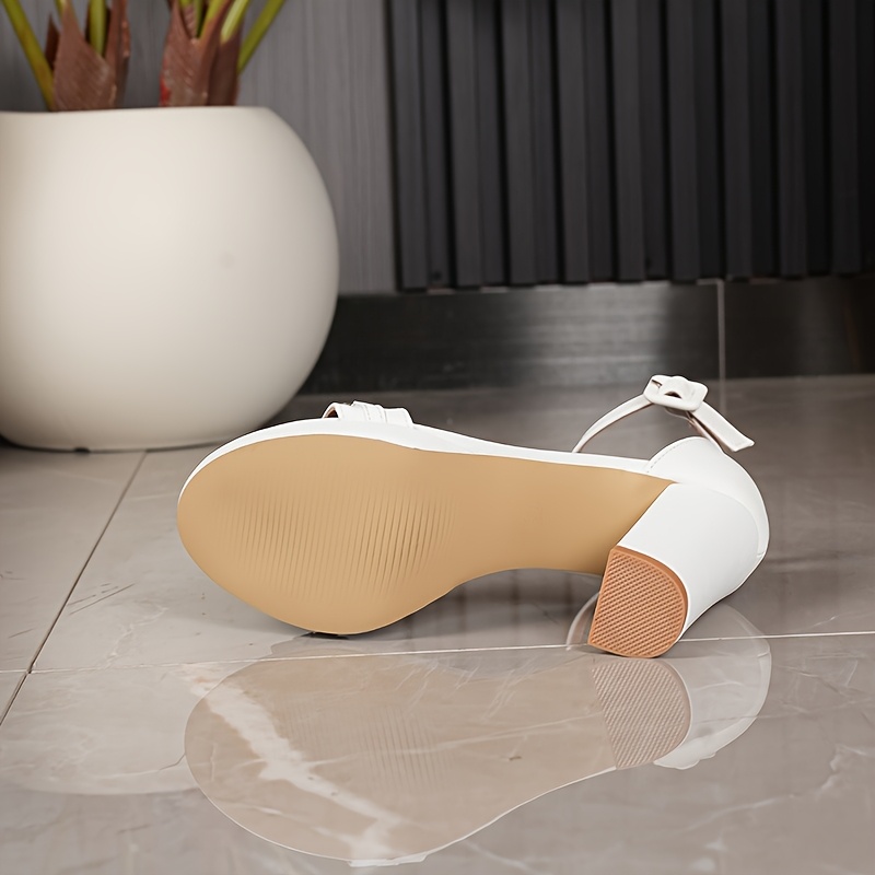 Women'S White Rhinestone-Embellished Chunky Heel Sandals with Adjustable Ankle Strap - Comfortable Buckle Closure, Round Toe, Synthetic Cover, Perfect for Weddings & Parties, High Heel Sandals, Party Footwear, Rhinestone Embellishments