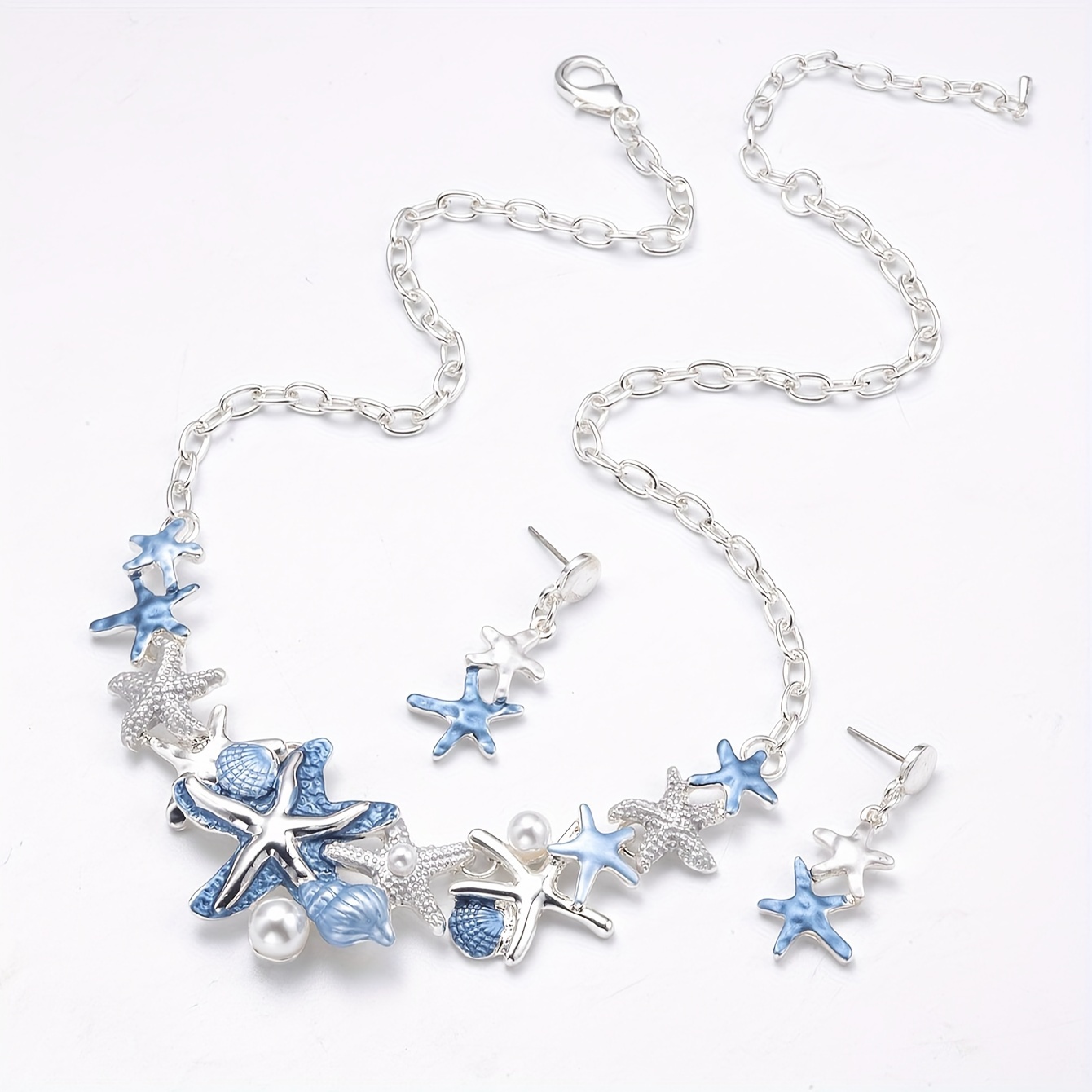 

-chic Ocean- Set - Blue Starfish, Conch & With Pearl Accents - Zinc Alloy Enamel Necklace And Earrings For Weddings & Casual Attire