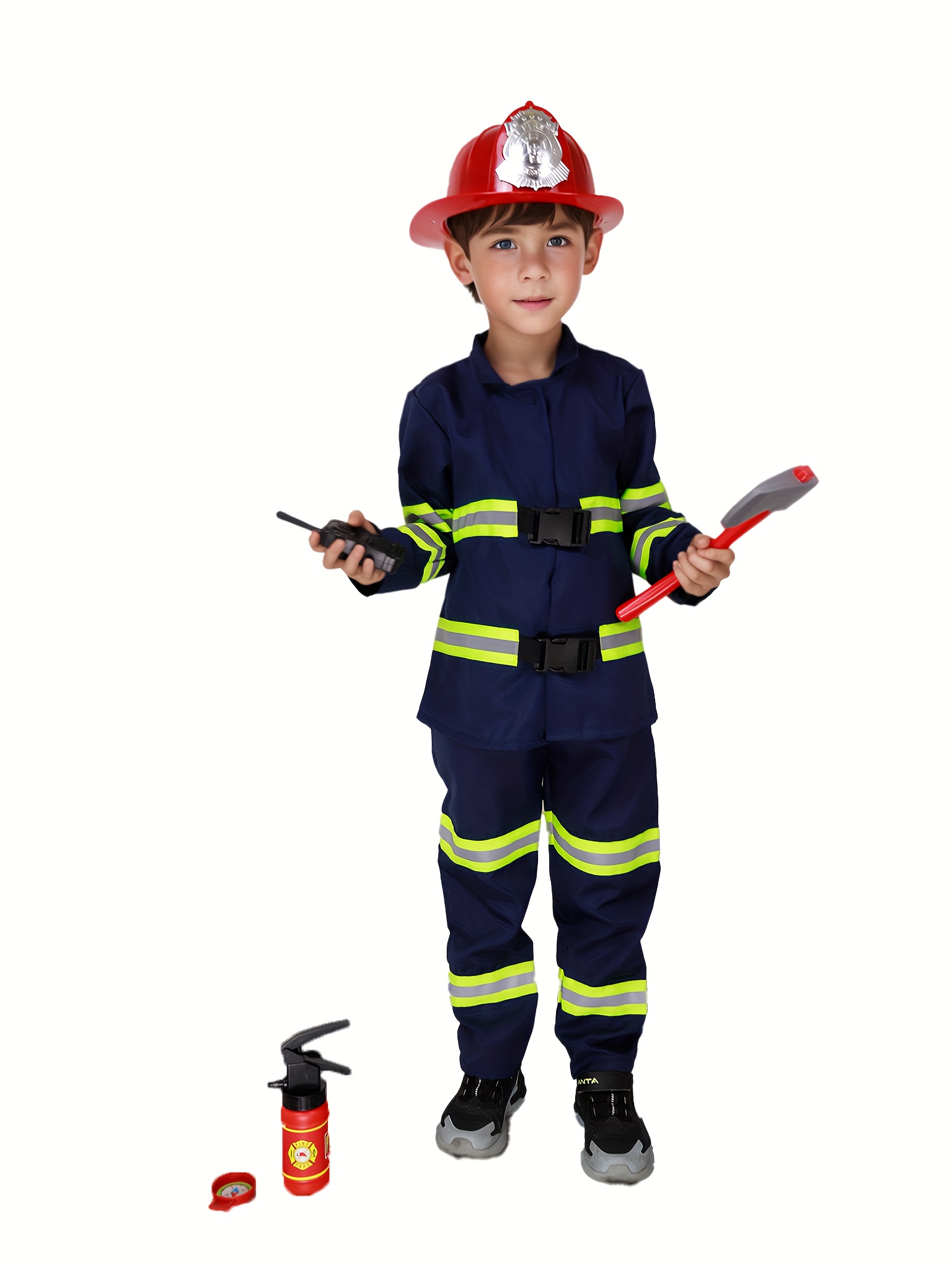 7pcs stylish and   blue firefighter set   a blue long sleeve jacket with fluorescent stripes matching pants walkie talkie accessory fire extinguisher compass axe helmet and more   firefighting drills halloween cosplay festival performances stage outfits or party costumes suitable for   men and women