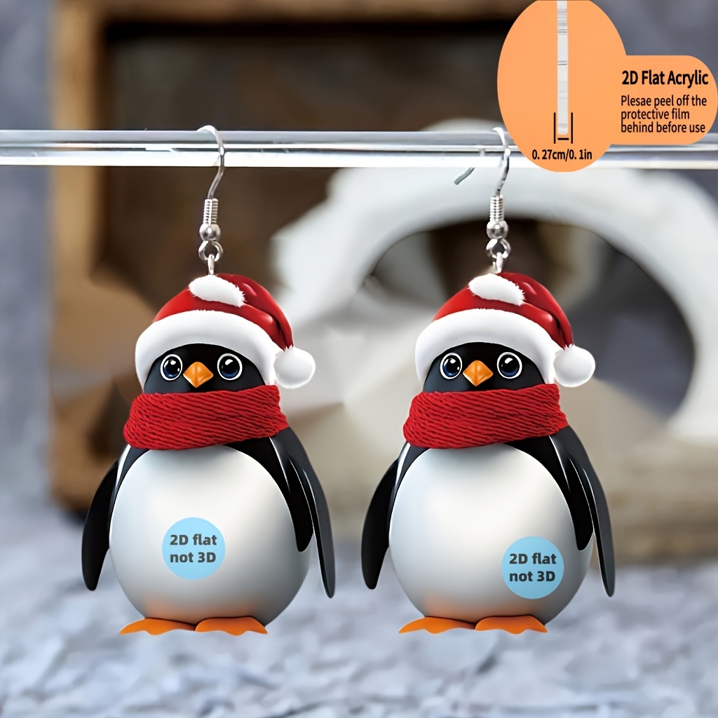 2D Flat Cartoon Penguin Dangle Earrings, Unique Holiday Jewelry