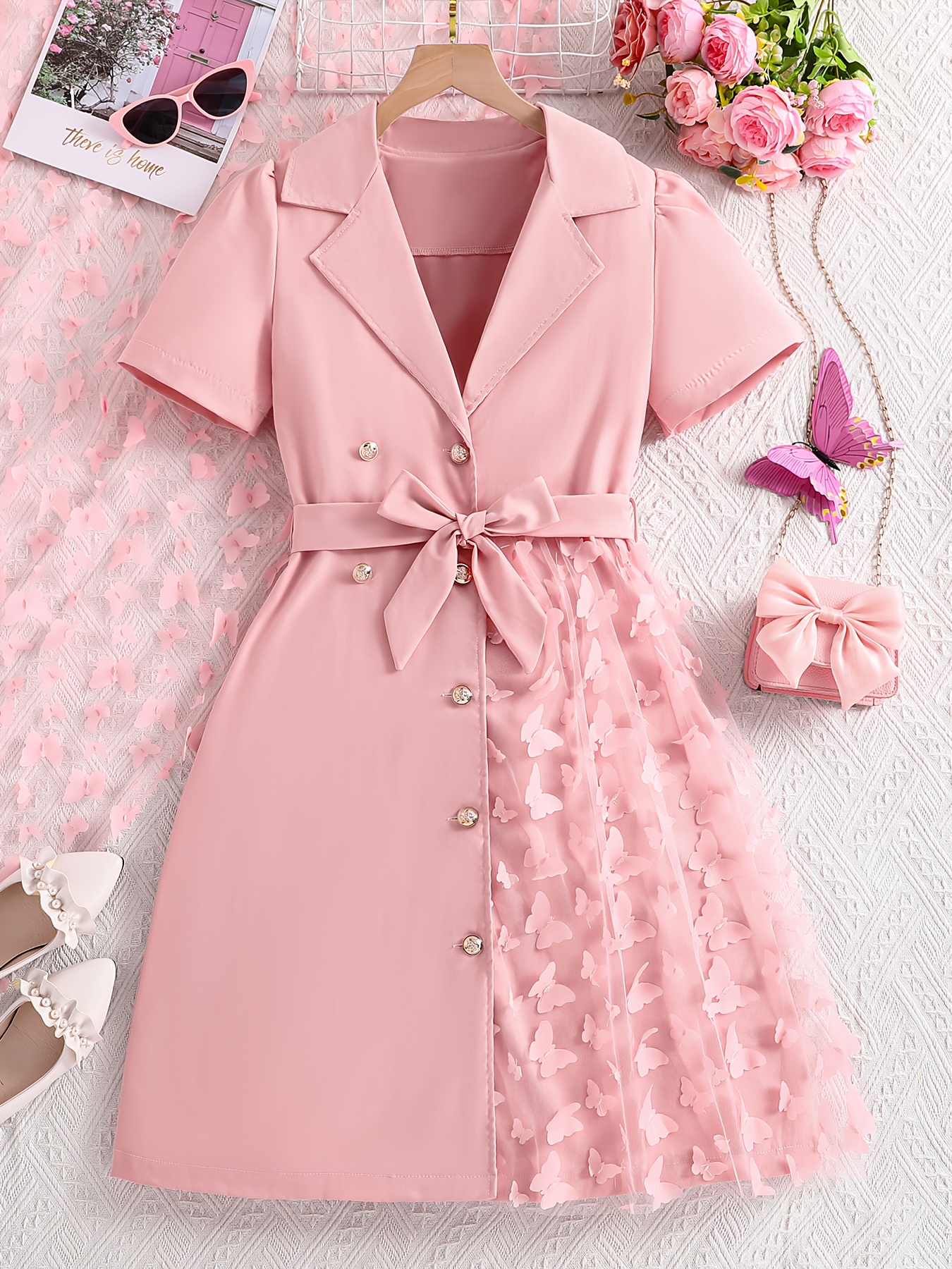 Teen Girls' Casual Dress, Fashion Spring Summer Fall Outfit * Style Dress  for Big Girls, Pink Short Sleeve Skirt with * Appliqu And Mesh Design,  Belt Included, for Teenager, For Teenager
