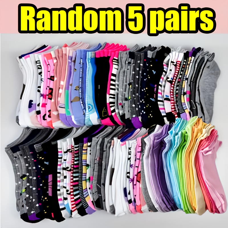 TEMU Random 1/3/5 Pairs Of Women's Breathable Socks - Cartoon Graffiti Pattern, Comfortable Fabric, Various Colors (pink, Black, White, Purple, Blue,