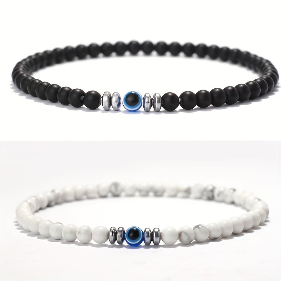 TEMU Trendy 2pcs/pair Evil Eyes Beads Bracelet Men 4mm Onyx Howlite Stone Elastic Braslet Homme Gift Leisure Daily Pulsera