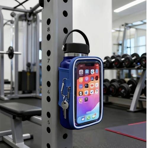 magnetische waterfles sleeve, ontworpen voor de sportschool. het kan magnetisch bevestigd aan metalen oppervlakken, waardoor je waterfles altijd binnen handbereik is. handig voor het bekijken van je telefoon/uitgerust met een accessoire tas voor het opbergen van telefoons, sleutels, kaarten.