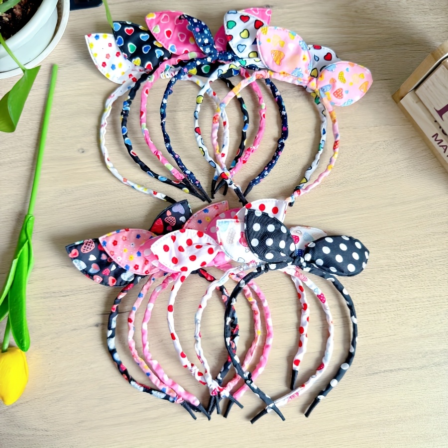 Image of 12pcs Colorful Fabric Bow Hairbands Assortment, Cartoon Cute Polka Dot Flower Print Headbands, Festival Party Accessories, Fairy Princess Costume Props For Theme Park Photoshoots