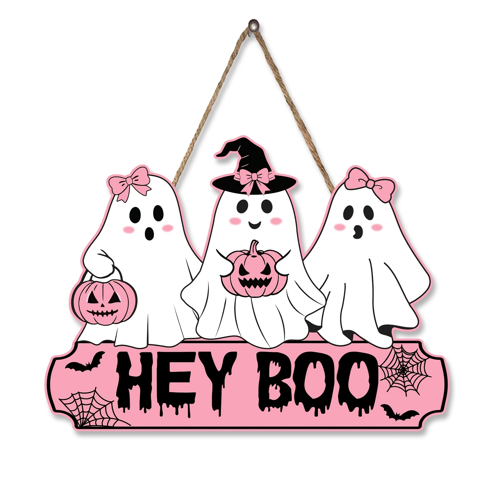 TEMU Décoration d'Halloween à suspendre en bois 2D plat, ornement de porte en bois avec nœud rose, panneau de porte d'entrée de couronne d'Halloween,