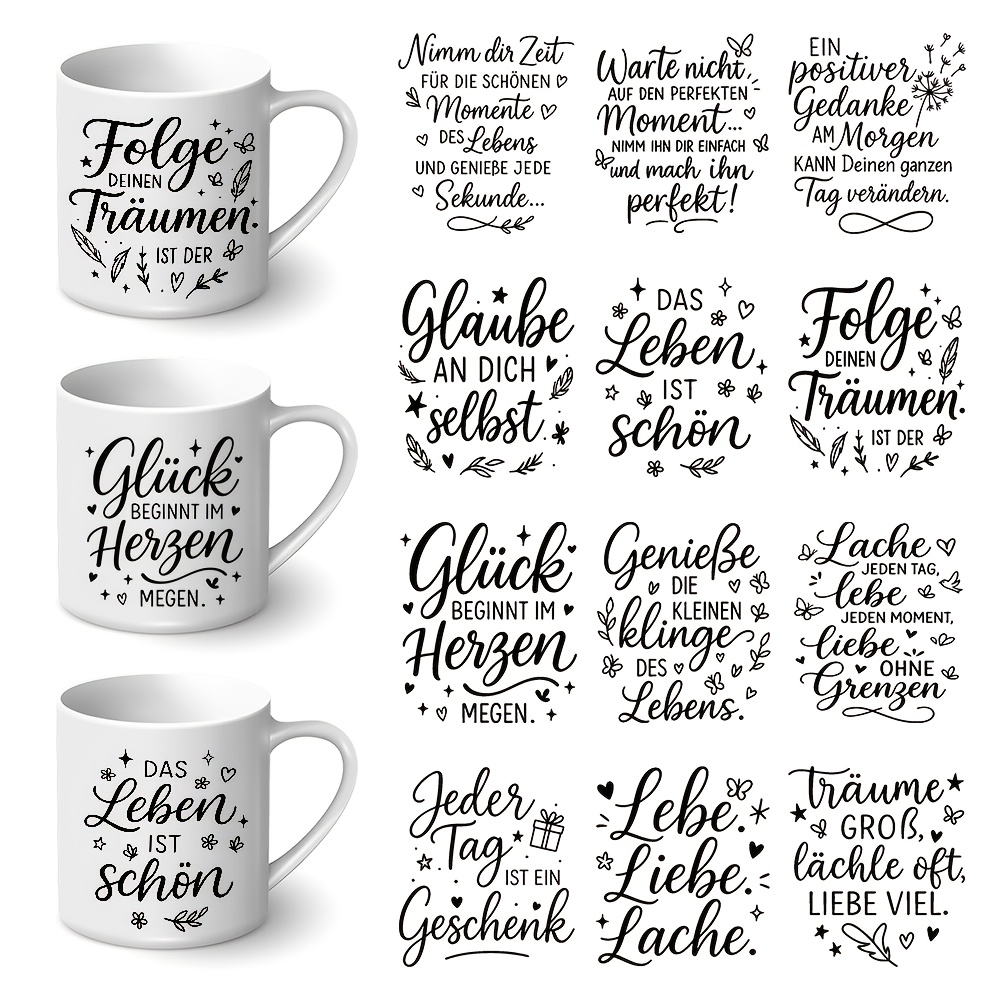 12pcs German Inspirational Motivational Quotes Design Uv Dtf Transfer Stickers - German Positive Sayings Decorative Stickers For Mugs, Cups, Bottles, School Supplies, Arts Crafts, Diy Art Supplies