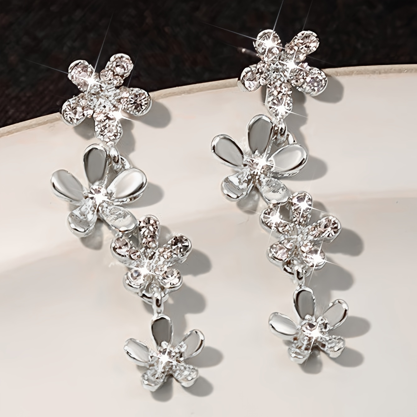 

Exquisite Silvery Flower Design Shiny Rhinestone Inlaid Long Dangle Earrings Elegant Bling Bling Style Delicate Female Gift