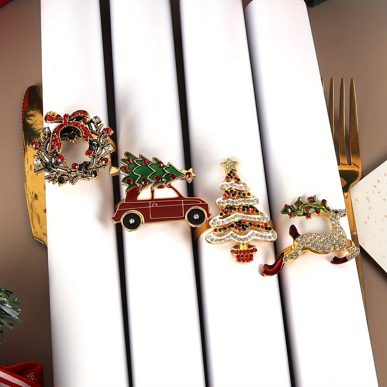 4pcs Christmas Napkin Ring Set - Elk & Tree Designs, Cast Iron, Decor