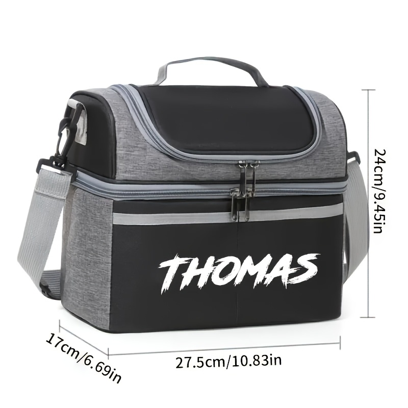 TEMU Sac à déjeuner isotherme double paroi personnalisé avec nom/texte - Grand sac chaud pour bureau, voyage - Sangles amovibles et système de blocs