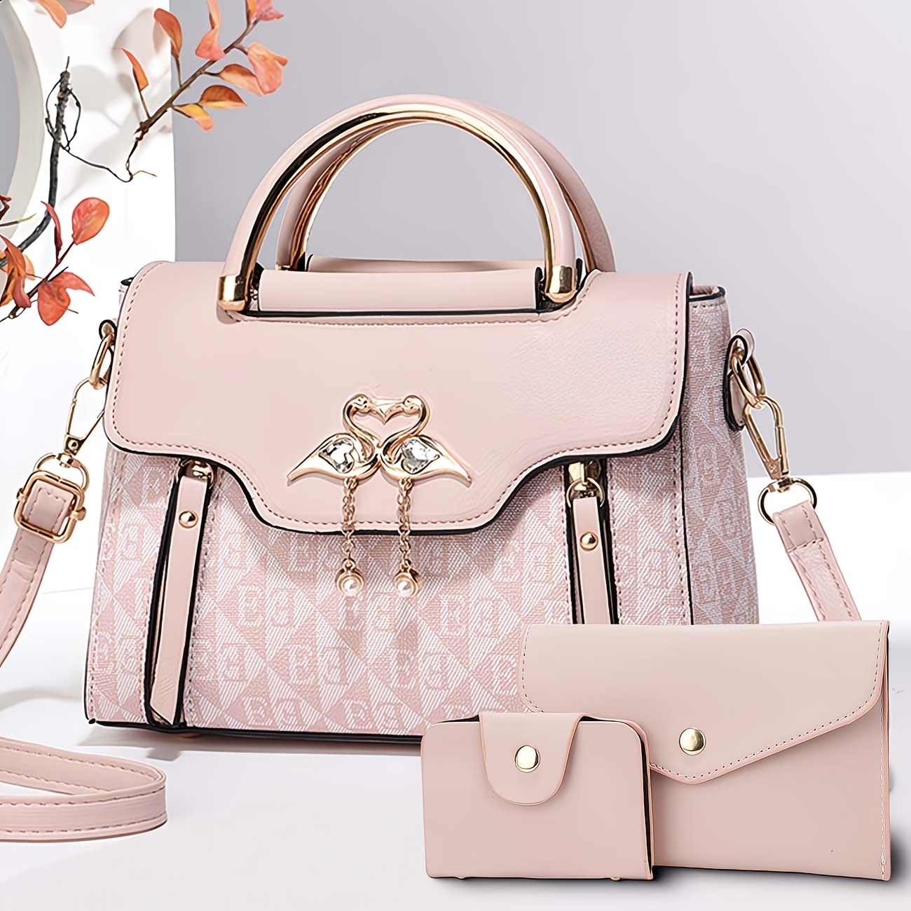 3pcs Women's Handbag Set, Swan Decor Top-Handle Tote Bag with Card Holder &amp; Purse, Elegant Crossbody Shoulder Bag, Pink Synthetic Leather &amp; Letter Print, Casual &amp; Party Use image 7