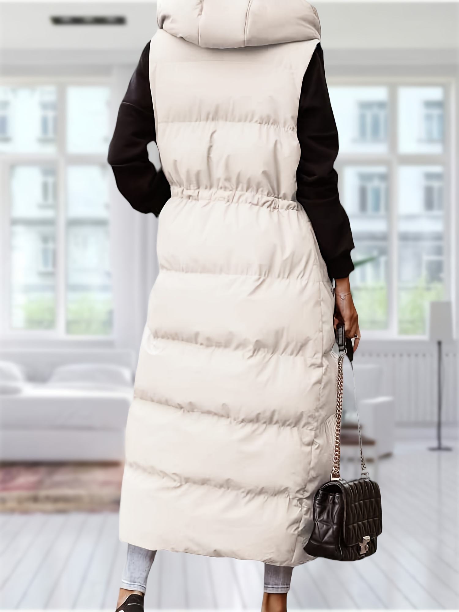 Womens Long Hooded Puffer Vest Maxi Length Winter Coat