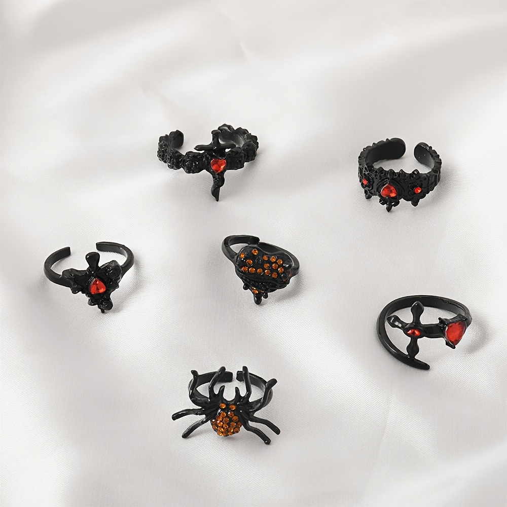 gothic black rose cross adjustable ring set, 6pcs spider cross design with rhinestones, alloy fashion rings for women -     or parties details 4