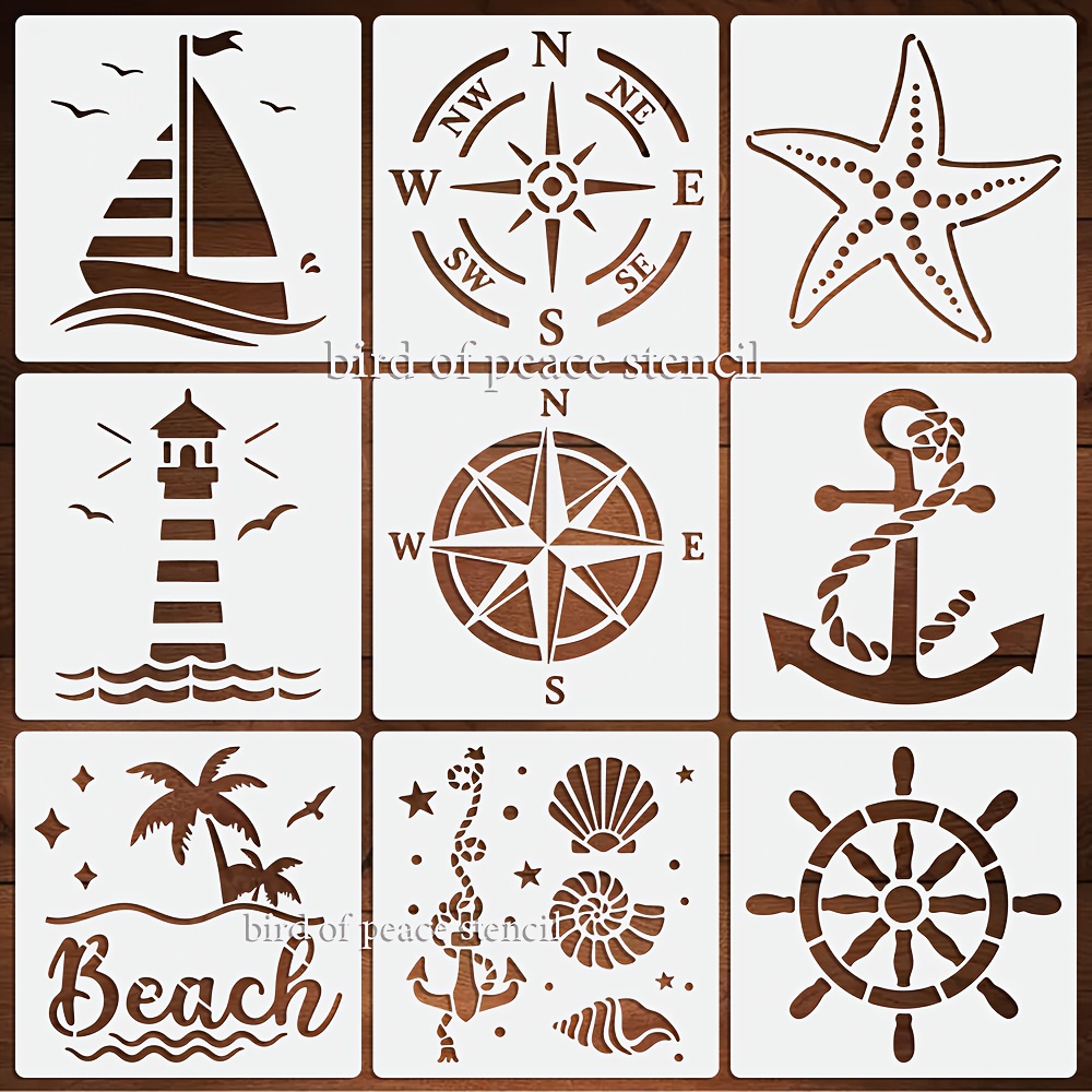 E-shop Ein Set aus 9 Schablonen im Ozean-Design, 5.91X5.91 Zoll, waschbar, wiederverwendbarer Plastikanker, Kompass, Segelboot, , Seestern, Strand, ,