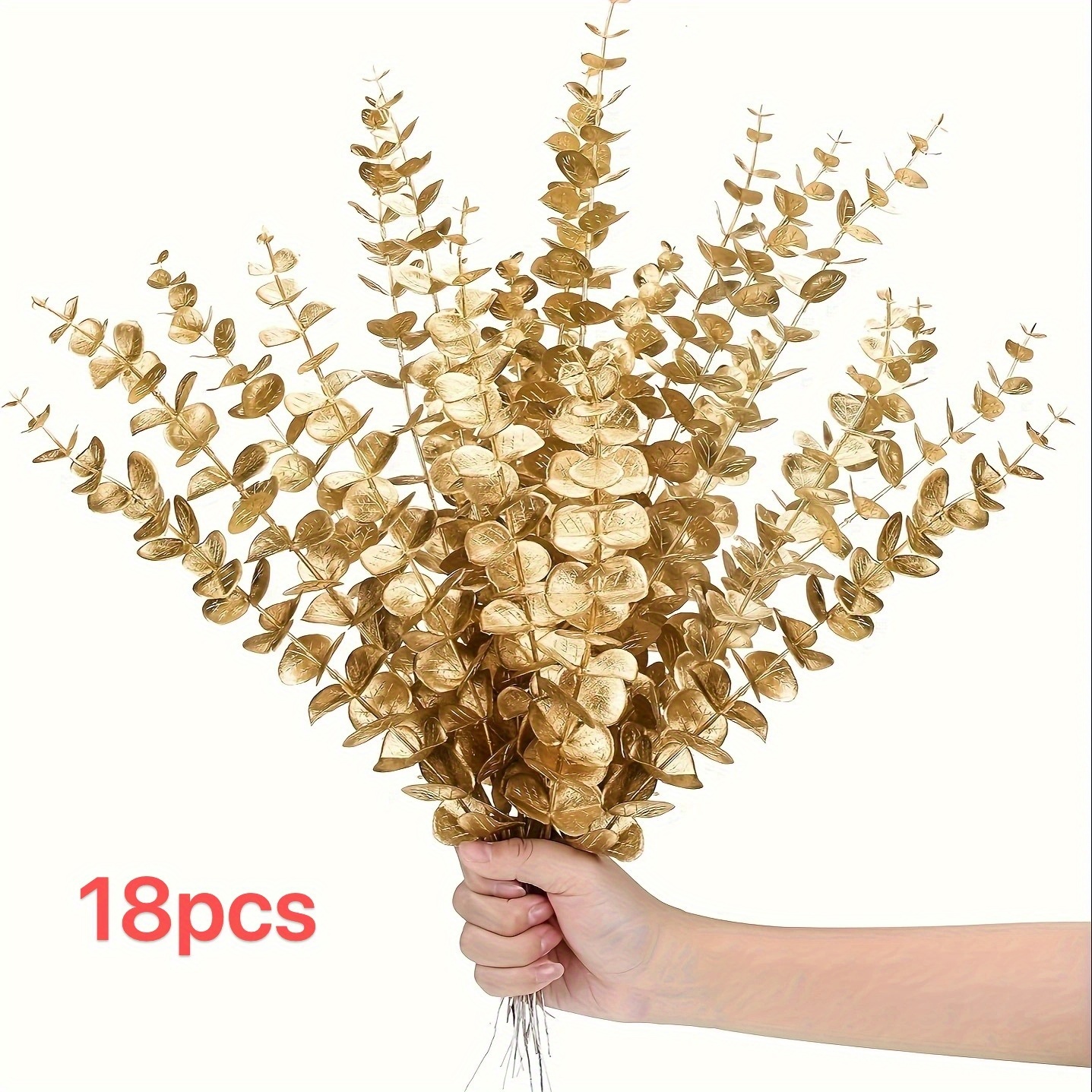 Image of 18pcs Of Golden Eucalyptus Branches | Artificial Leaves, Perfect For Christmas And Valentine's Day Decorations, Suitable For Home Vases And Wedding Props, Made Of Plastic