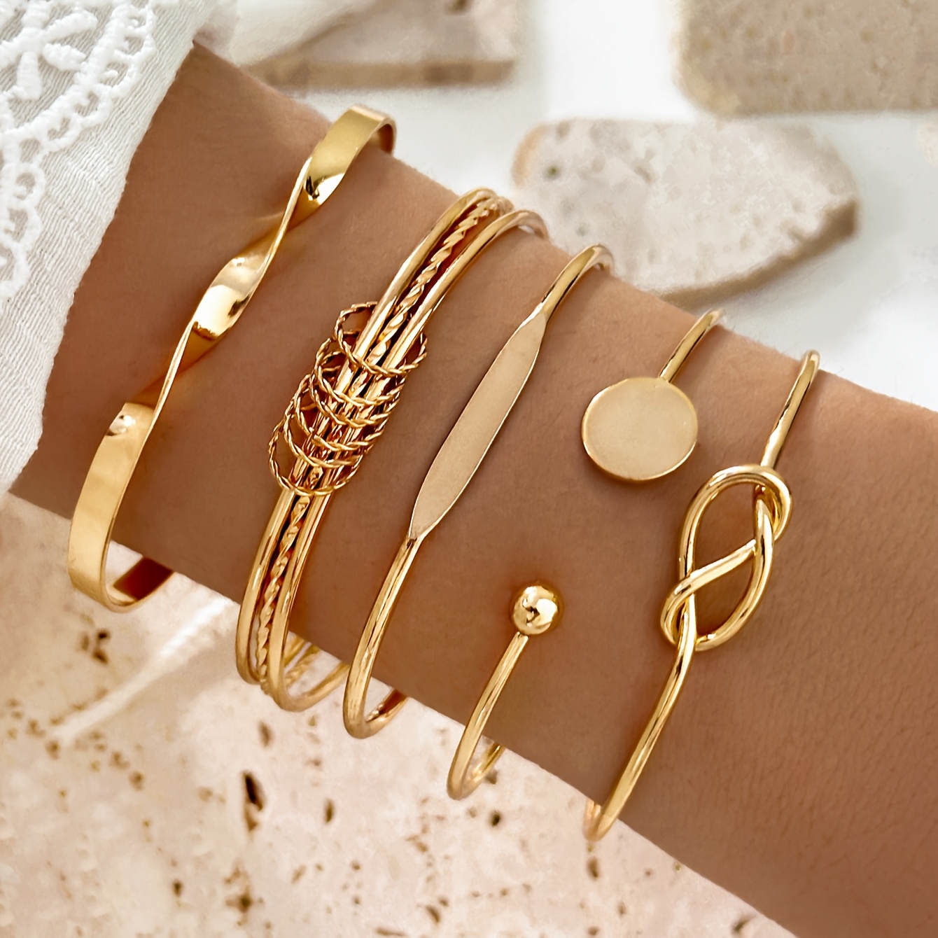 5pcs Set, Iron Hoop Open Bangle Set, Simple, Elegant, And Sexy Open-ended Versatile Stackable Bangle Set