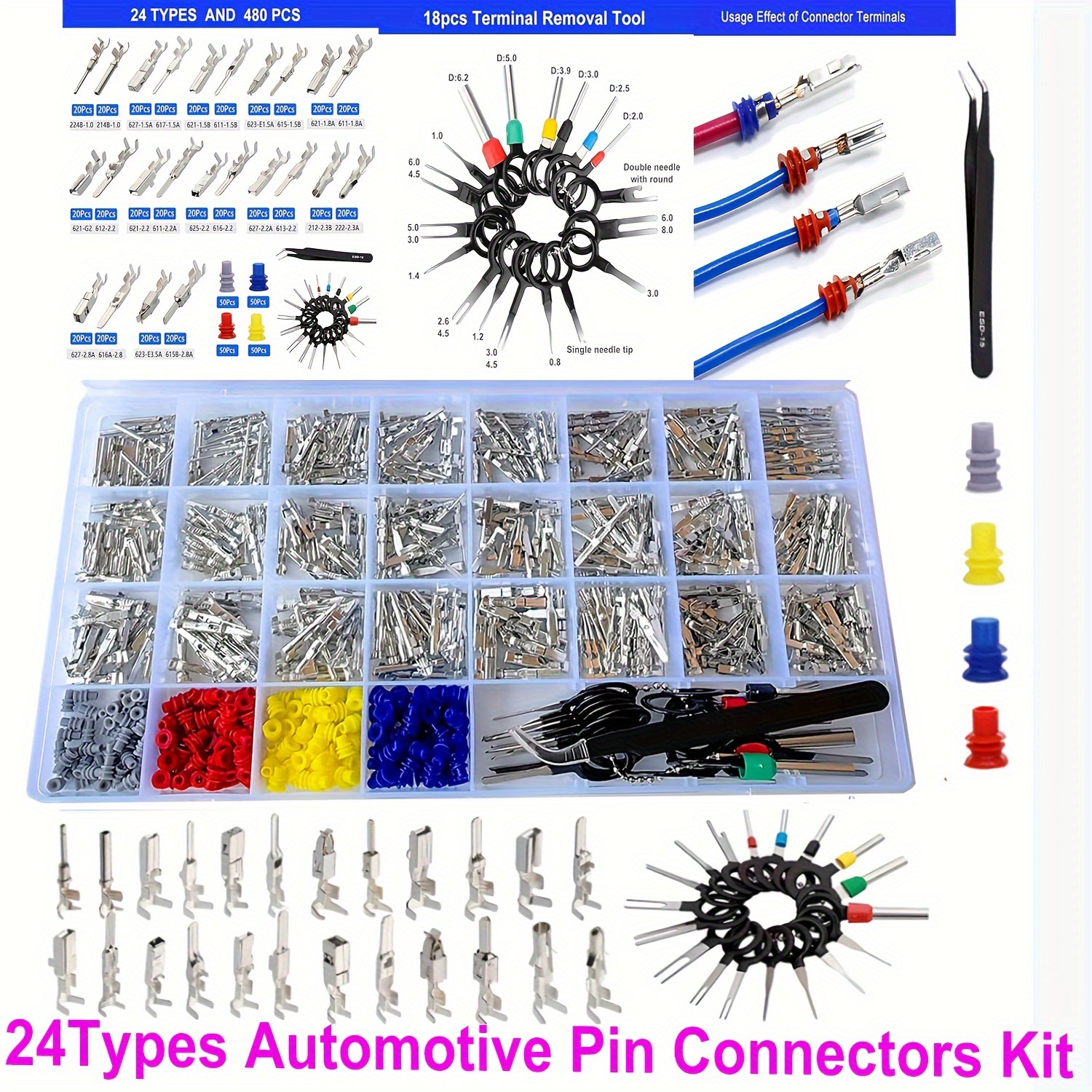 

480pcs Terminal Connector Kit - 24 Sizes (1mm To 3.5mm) Male & Female Wire Pins With Removal Tools For Cars, Trucks, Boats