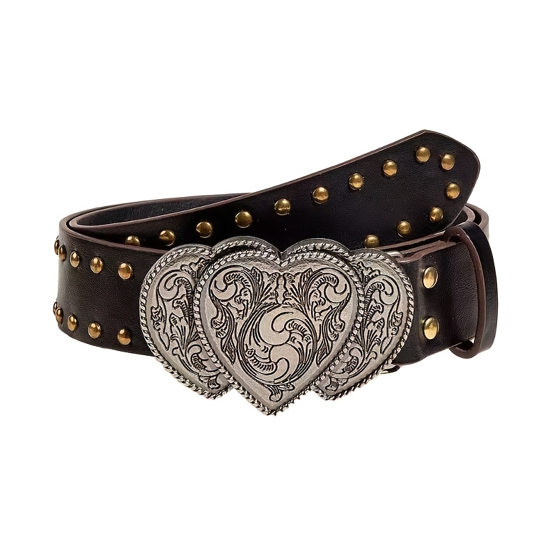 TEMU 1pc Vintage Carved Women's Belt, Heart And Rivet Style Party Sexy Street Elegant Double Western Style Wide Belt, Suitable For