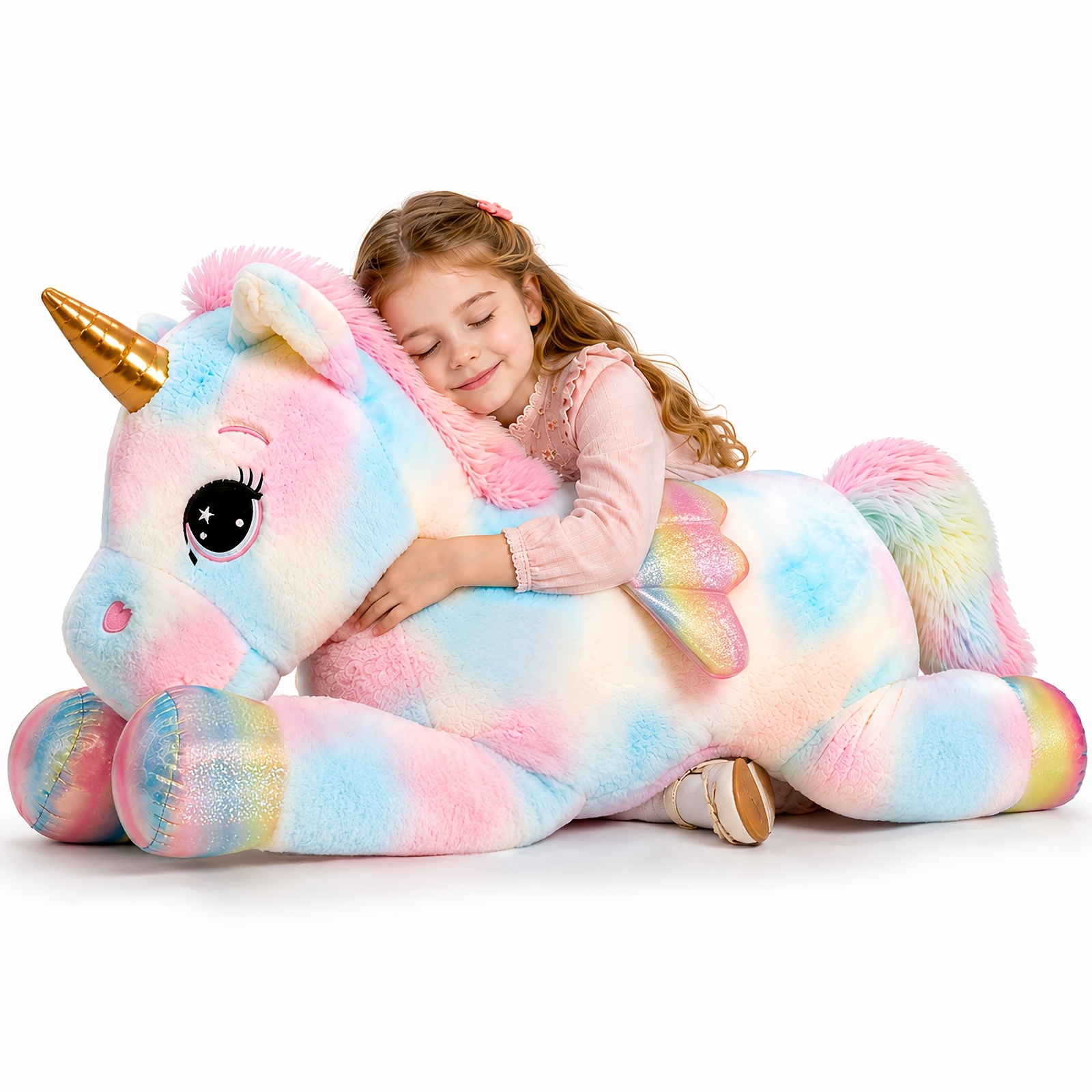 Image of 44'' Rainbow Unicorn Plush Toy With Golden Horns, Soft Rainbow Horse Steffed Animals, Gift For Kids Birthday, Halloween, Christmas, Valentine's Day