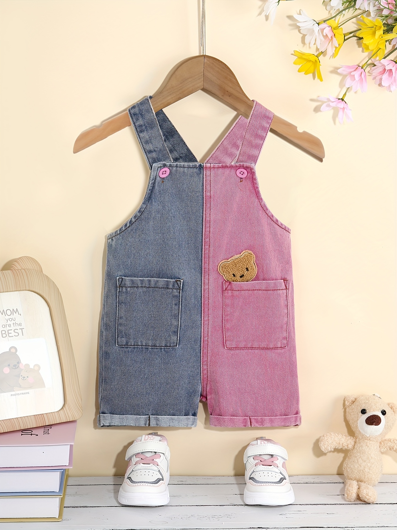 Girls' Denim Overalls with Bear Patch Color-* Adjustable Straps  Pockets, Cute Spring/Summer Casual Wear Christmas Valentine'S Day, Girl 