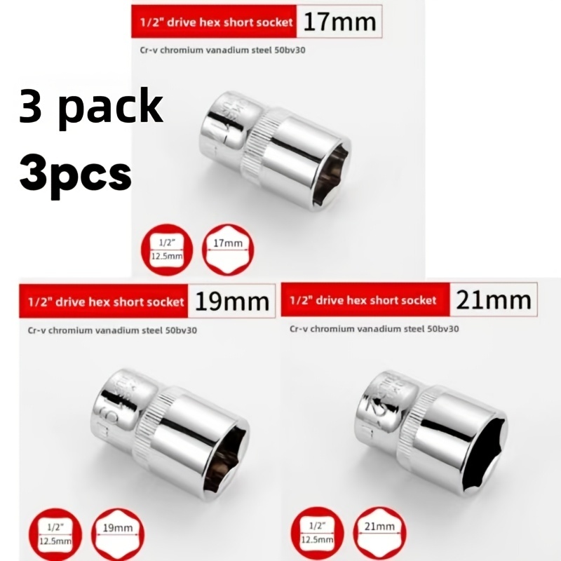 TEMU Jeu de douilles à six pans creux à queue courte de 1/2 pouce, lot de 3 pièces 17mm 19mm 21mm, jeu de clés à douille métriques, adapté aux clés à