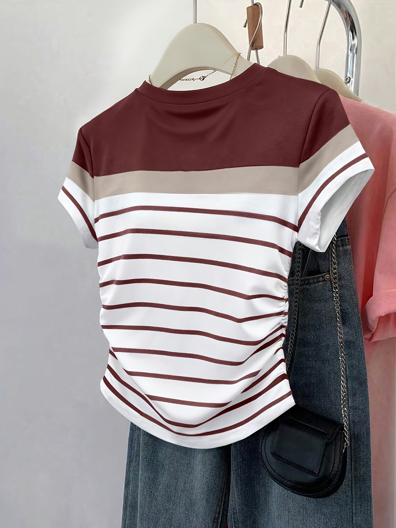 t-shirt court rayé pour femmes,   été, motif numérique, rayures multicolores,   à  , vêtements dextérieur, t-shirt taille   à taille froncée 1