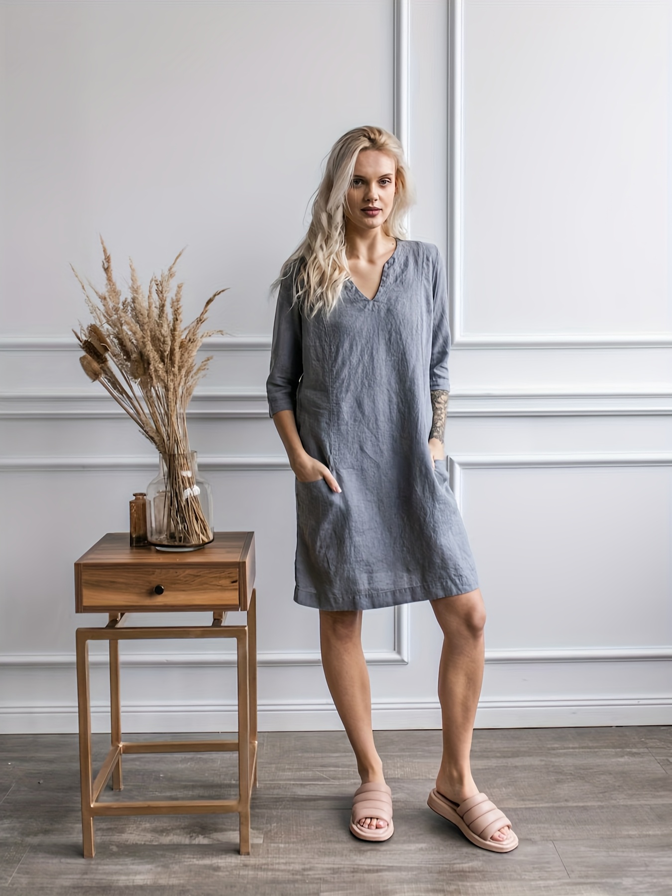 Women'S Casual Linen Dress with Pockets V-Neck, 3/4 Sleeve, Knee-Length  Gray Dress Machine Washable for Spring/Summer/Fall, Spring Su