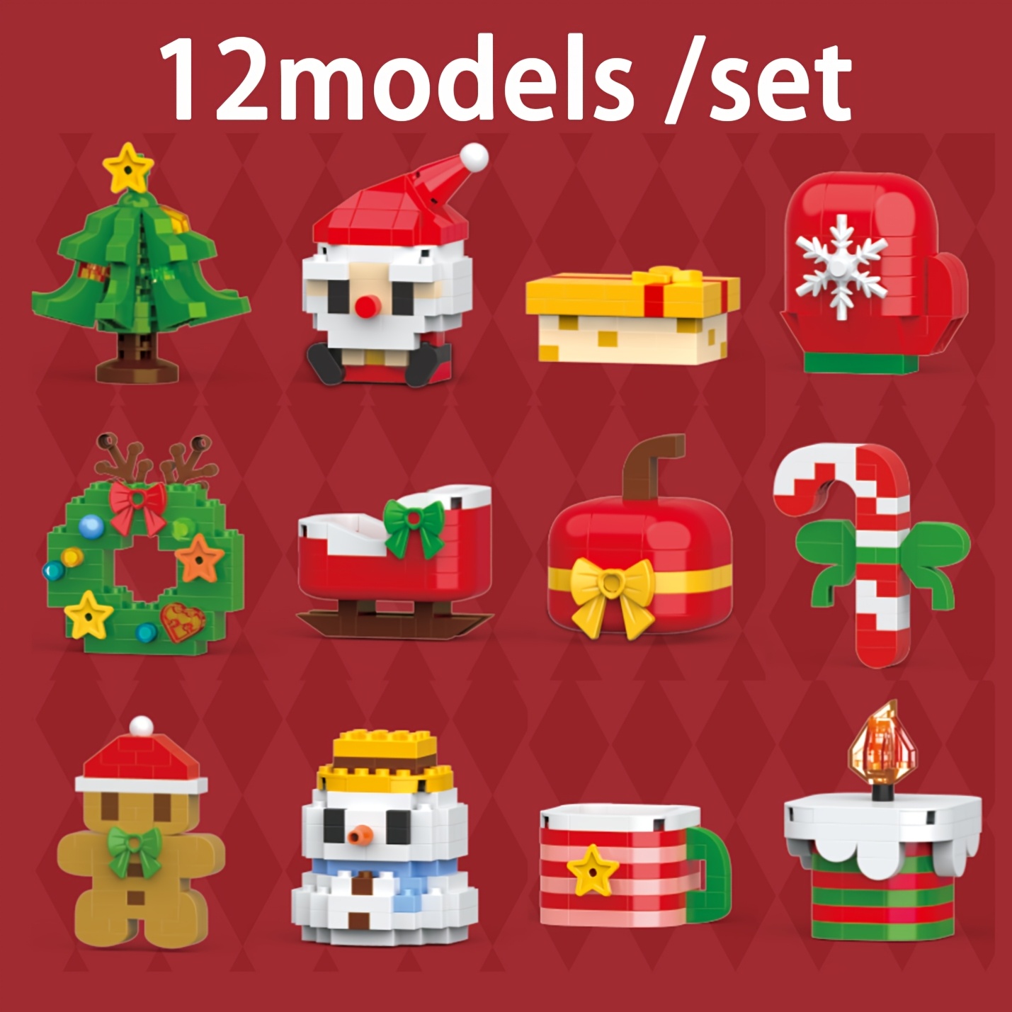 TEMU Set de mini bloques de construcción navideños - 12 modelos que incluyen Papá Noel, , hombre de jengibre y Para Caminar de caramelo, juguete de