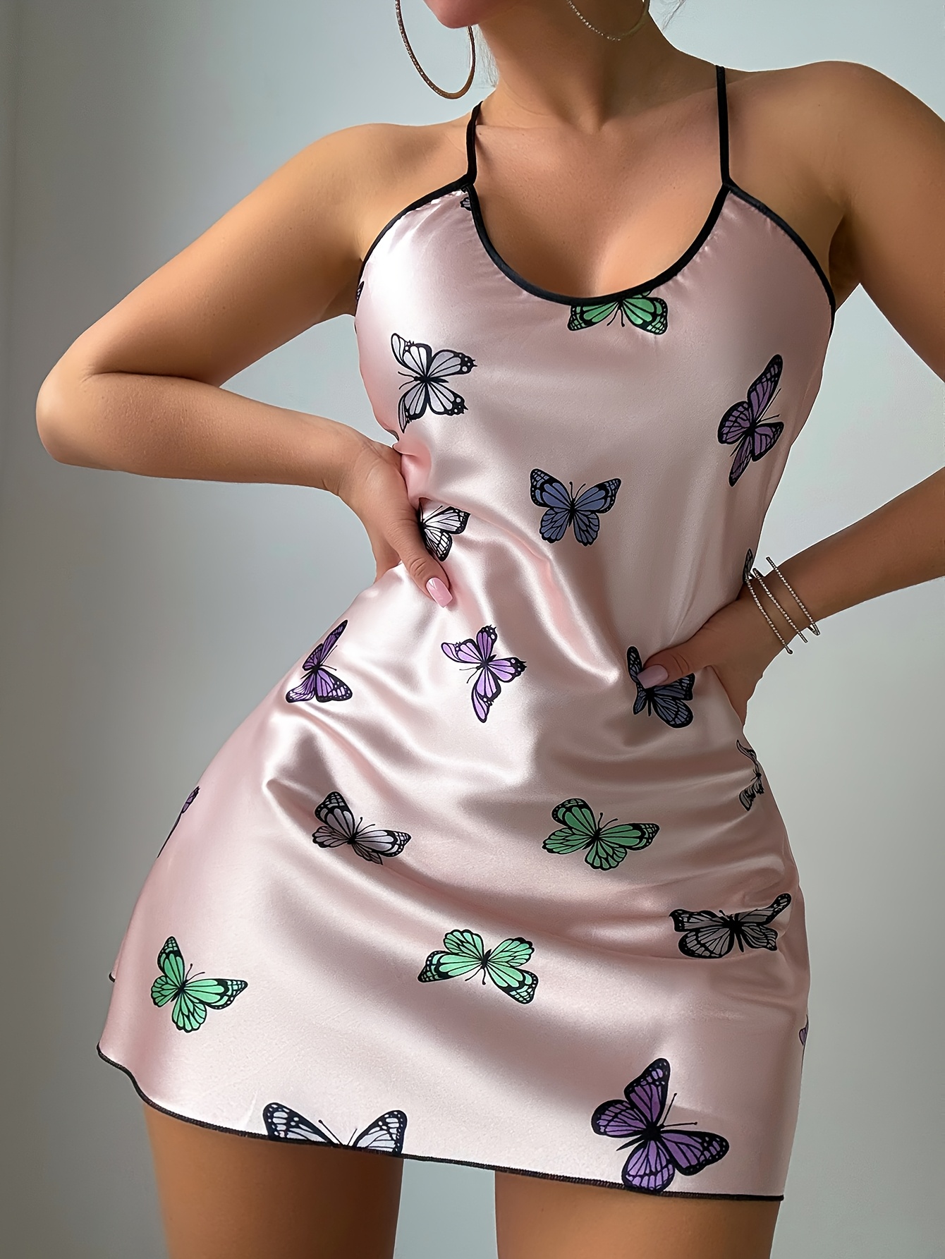 Women'S Sexy Butterfly Print Slip Dress, All-Season Polyester 100% Crew Neck, 90g/m² Woven Fabric, Fashionable Pink Nightgown for Adults