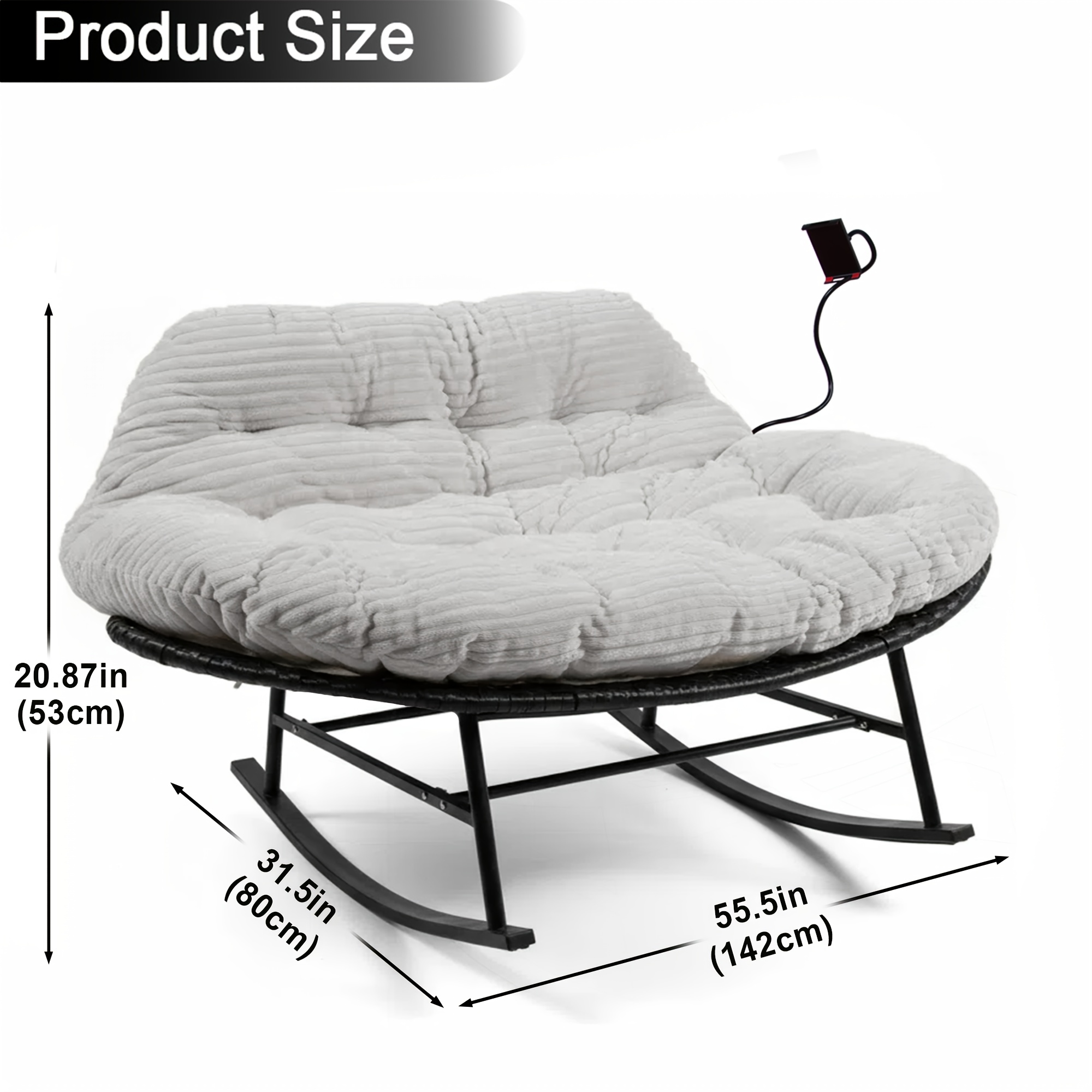 [Outdoor Rocking Chair] Double Outdoor Rocking Papasan Chair, 2-Person Oversized Loveseat Rocker with Thickened Soft Cushion And Rattan Wicker Frame for Patio, Garden, Balcony Relaxation