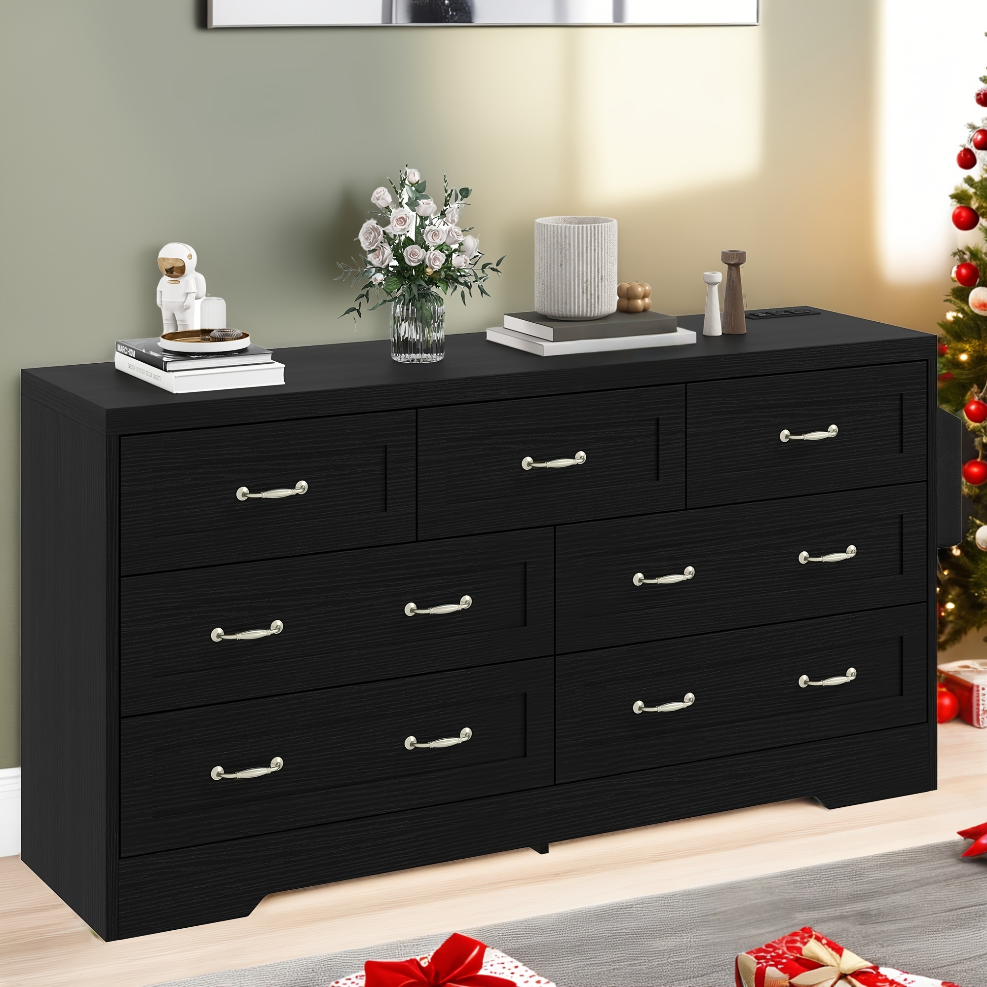 

Xelsyo Black Vintage Dresser With Usb Charging, Drawer Storage And Organizer Bag, Modern Chest Of Tower 7 Drawers With Handle