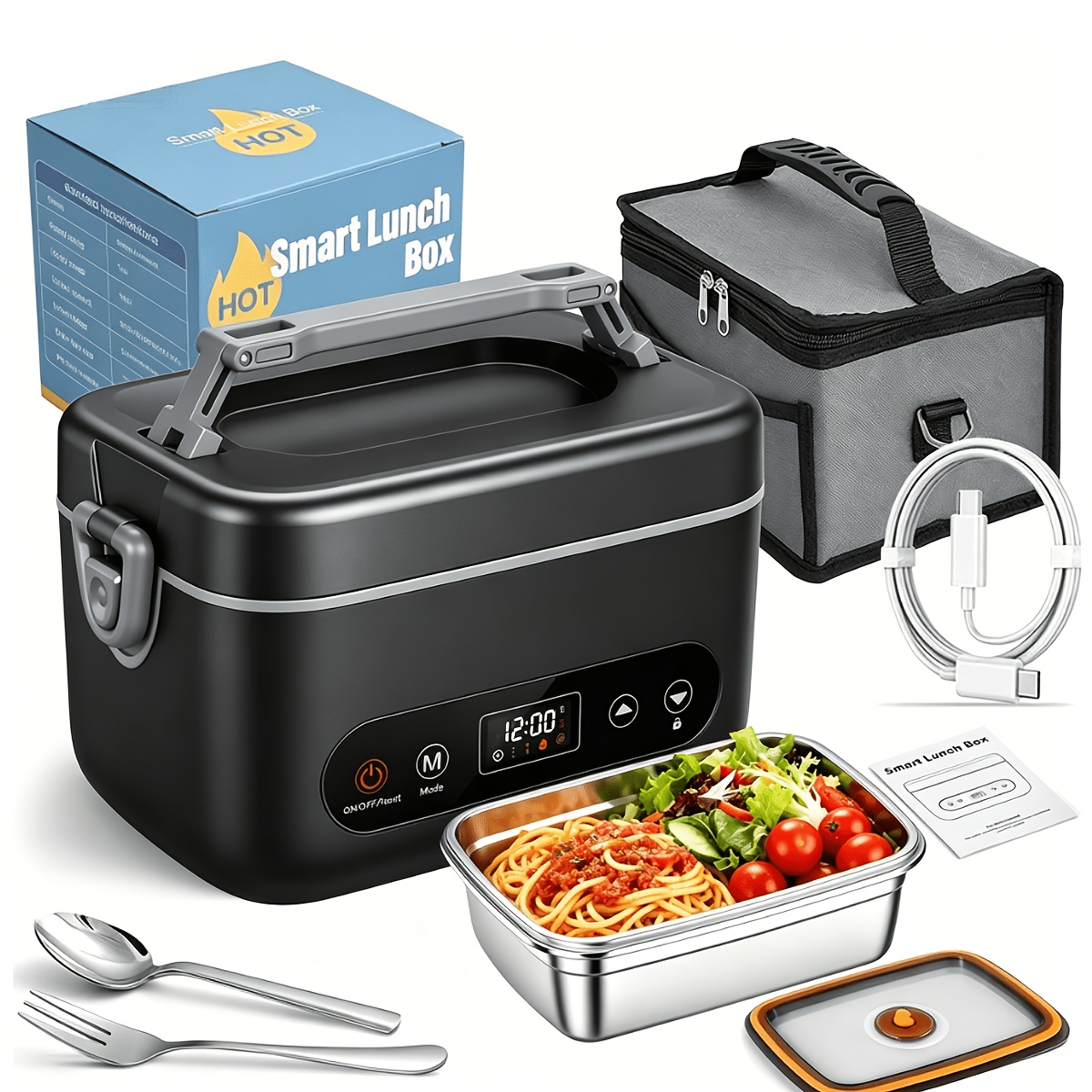 TEMU Heavy-duty Heated Lunch Box, 2026 New Large 5-sided Heating Lunch Box, 12000mah Battery, Timed , High-precision Temperature Sensor, Pp 304