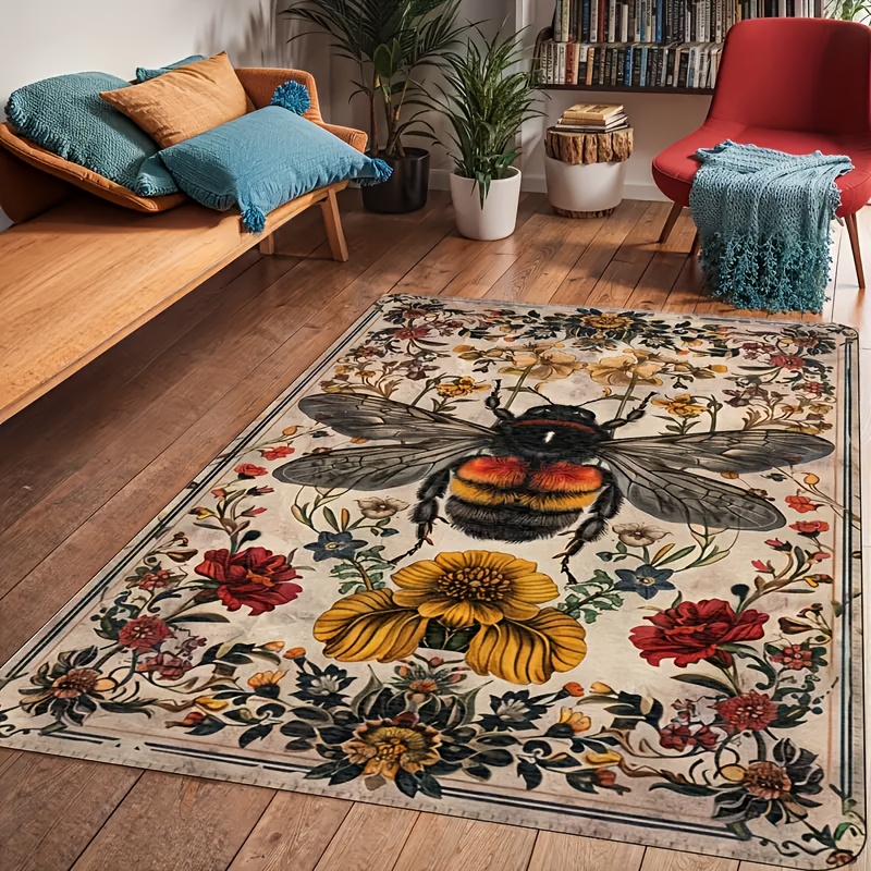 

1pc Vintage Bee Pattern Flannel Area Rug - Soft Non-slip, Stain Resistant, Machine Washable, Polyester Rectangle Carpet For Living Room And Kitchen Decor, Spring And